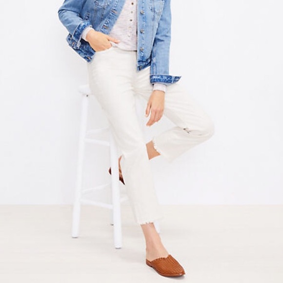 LOFT Denim - Frayed High Rise Straight Jeans in Popcorn